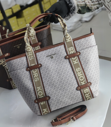 Stripe Tote Bag with Logo Webbing Strap